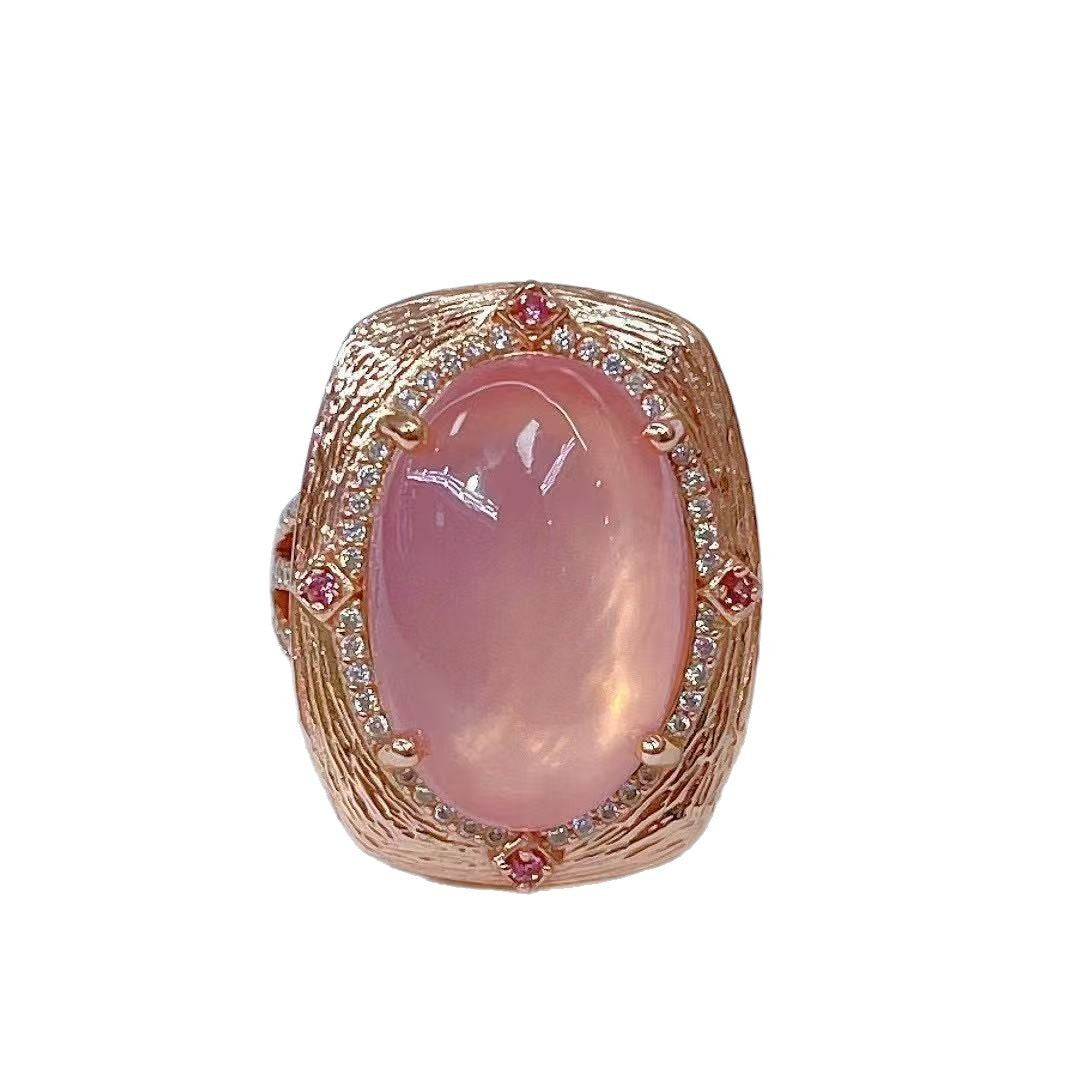 S925 Silver Plated Rose Gold Inlaid Main Stone 15*21mm Natural Rose Quartz Open Ring