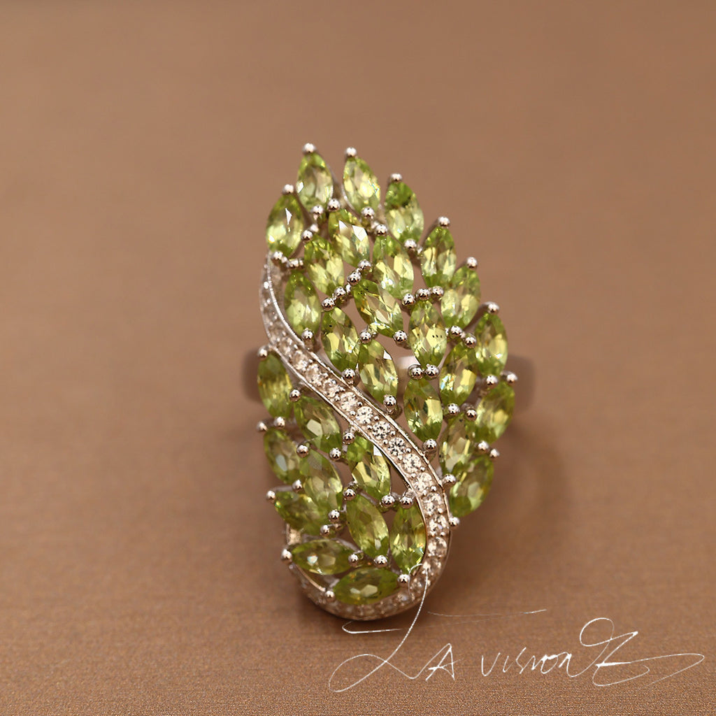 925 Silver Inlaid Natural Peridot Synthetic White Sapphire Ring
