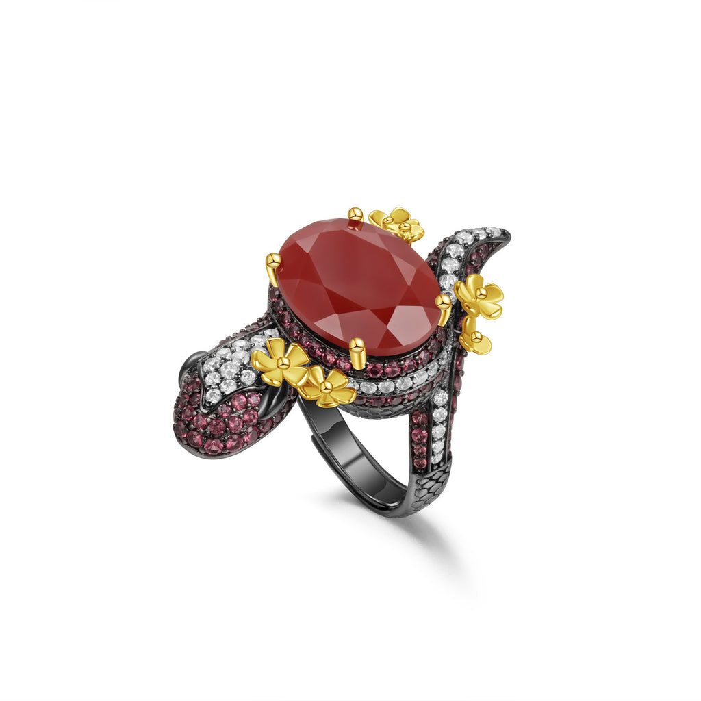 925 Silver Gemstone Inlaid Red Agate Flower Ring Jewelry Set
