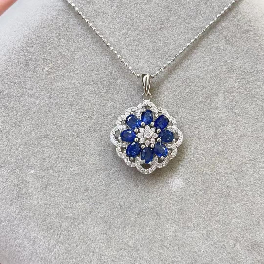 Elegant Light Luxury Natural Burned Sapphire Pendant Women's Flower Shape Diamond S925 Silver Pendant