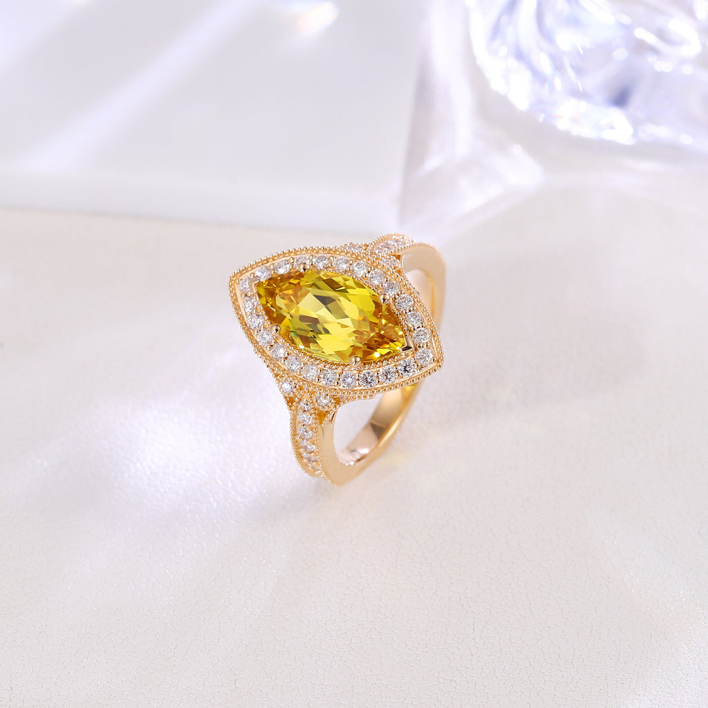 14K Gold 4ct Marquise Cultured Yellow Crystal Ring Light Luxury Vintage Gold Edge Inlaid Ring