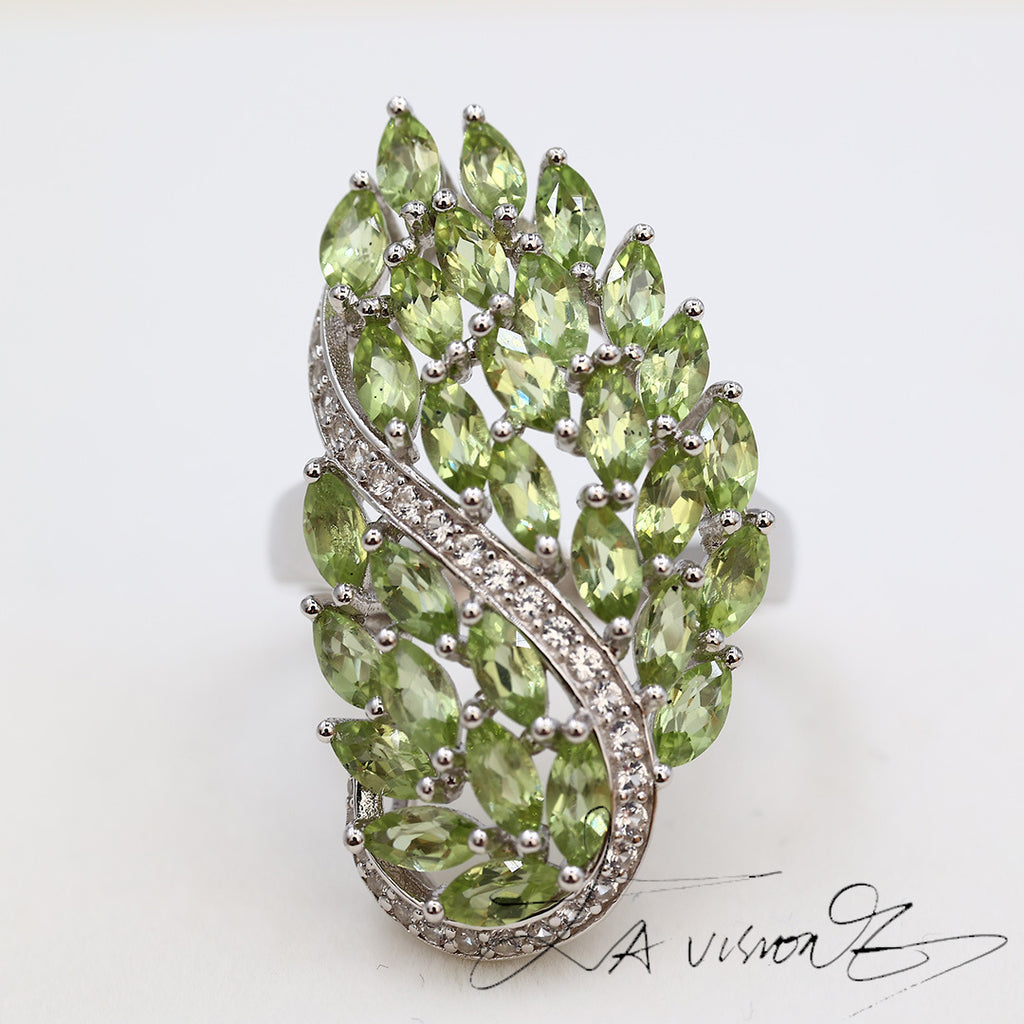 925 Silver Inlaid Natural Peridot Synthetic White Sapphire Ring