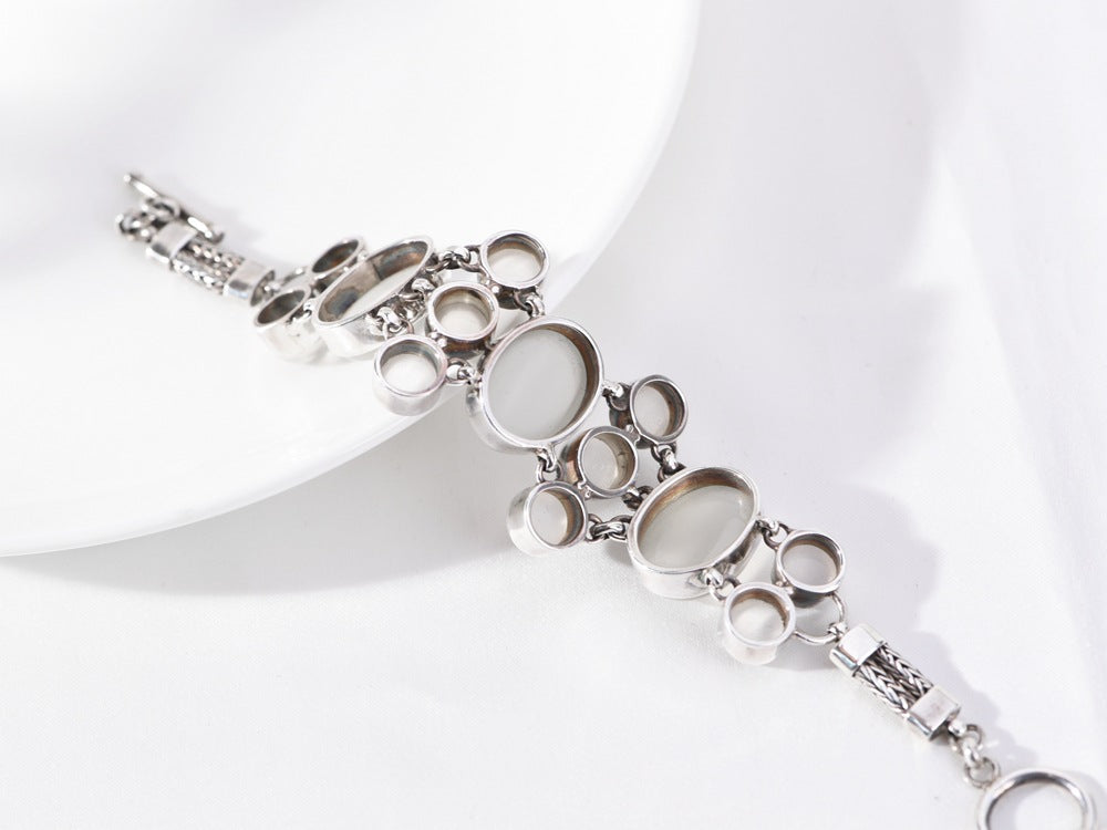 S925 Silver Jewelry Bracelet Vintage Distressed Inlaid with Egg White Agate Moonstone Fashion Women's Bracelet