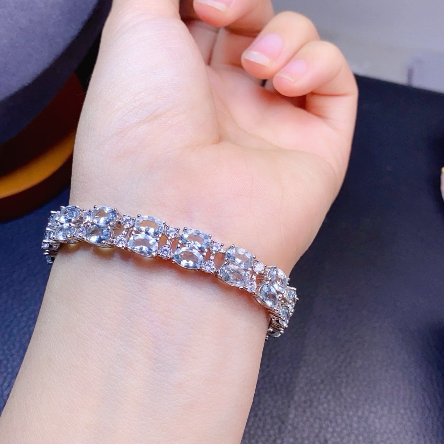 S925 Silver Inlaid Main Stone 4x6mm Natural Aquamarine Bracelet