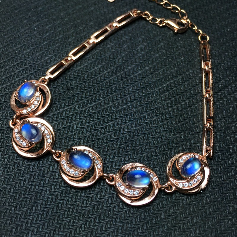 Natural Blue Moonstone Bracelet 925 Sterling Silver Inlaid Craft Glass Blue Moonstone