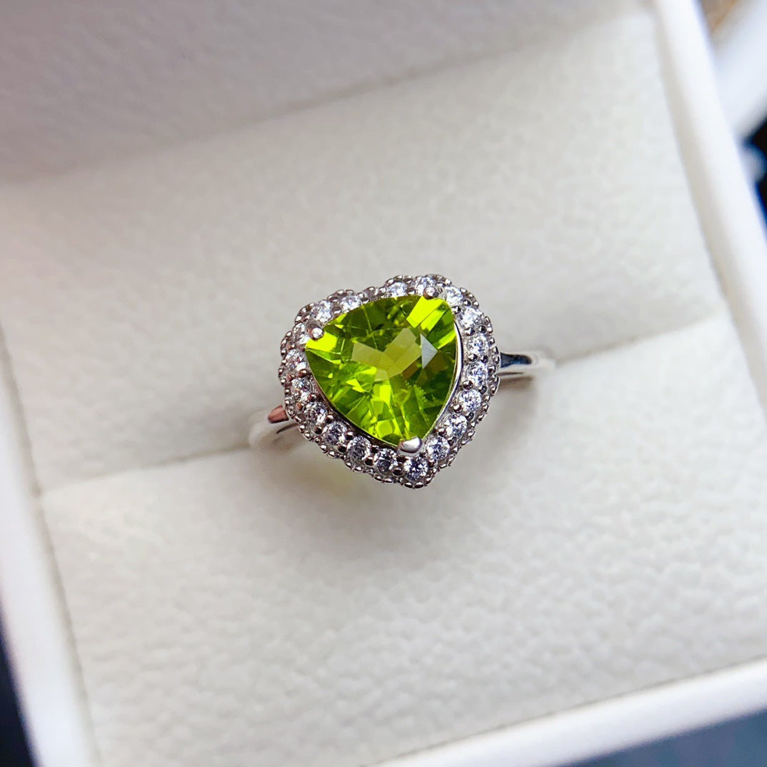 S925 Silver Inlaid Main Stone 8*8mm Natural Peridot Ring