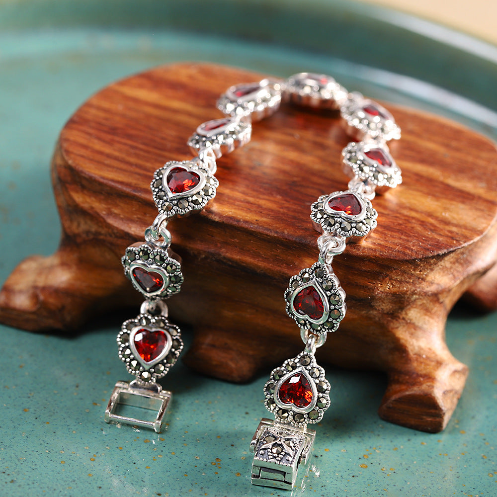 S925 Silver Jewelry Heart-Shaped Garnet Bracelet Versatile Women's Bracelet