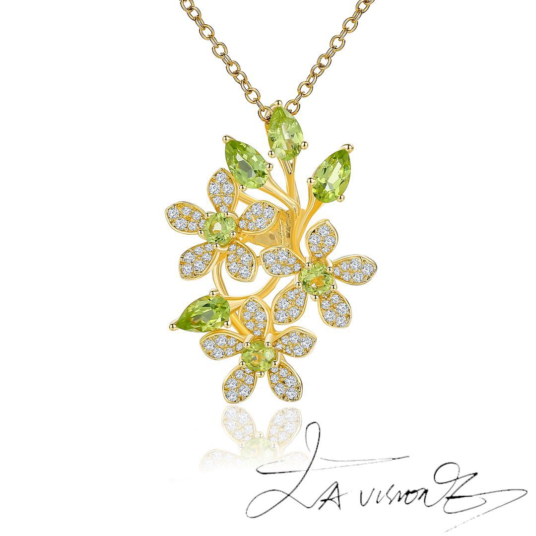 S925 Silver Inlaid Peridot Synthetic White Sapphire Pendant