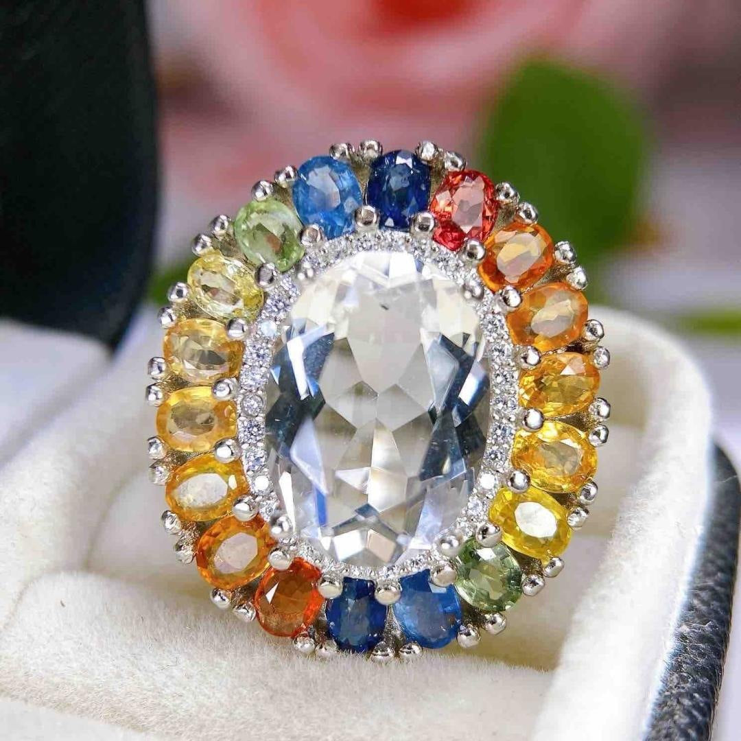 s925 Silver White Crystal Ring Super Large Luxury Open Ring