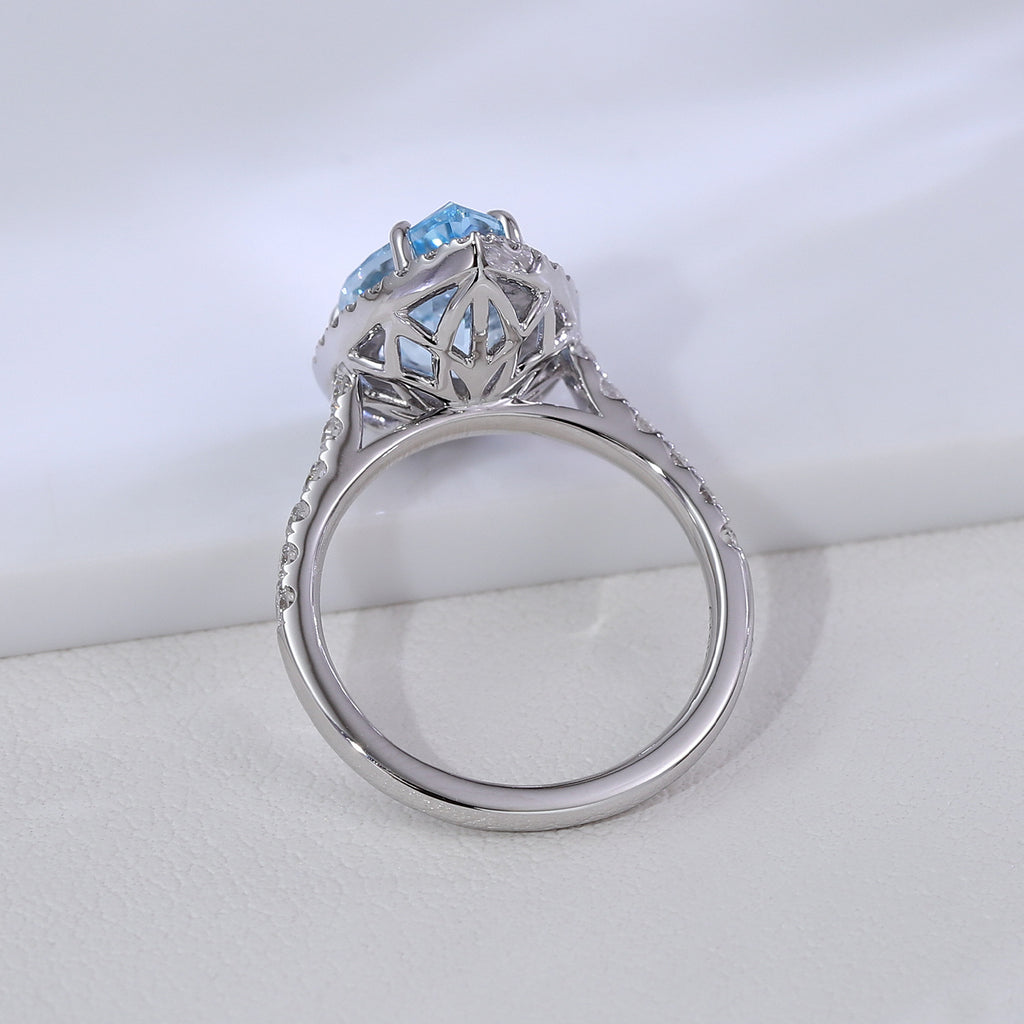 Aquamarine Ring 14K White Gold 3 Carat Drop Shape Cultured Gemstone Ring