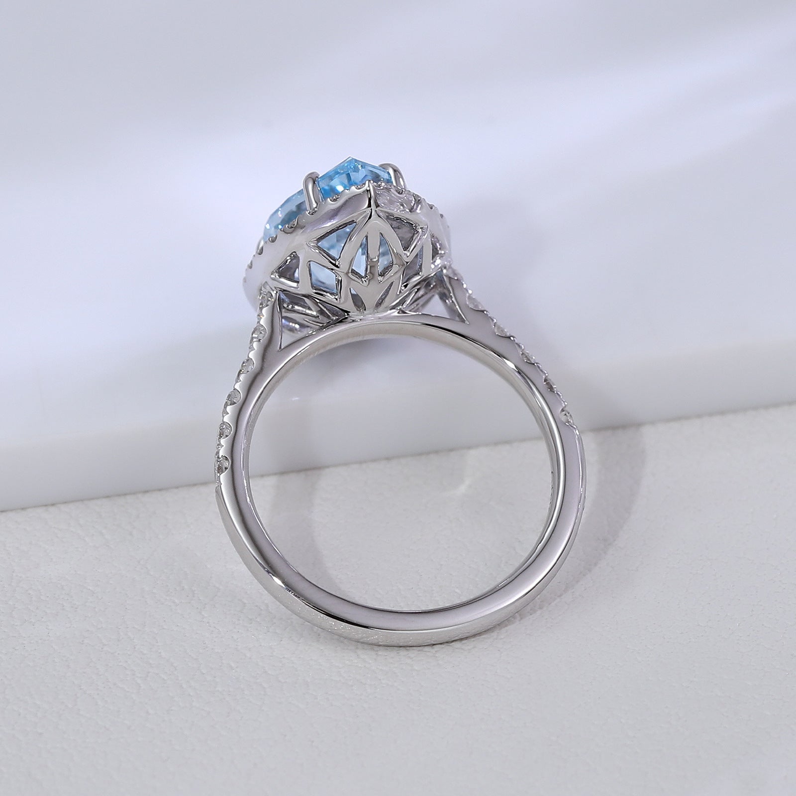 Aquamarine Ring 14K White Gold 3 Carat Drop Shape Cultured Gemstone Ring
