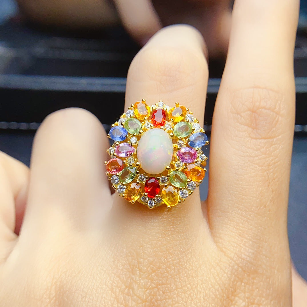 S925 Silver Inlaid Main Stone 7*9 Natural White Opal Ring