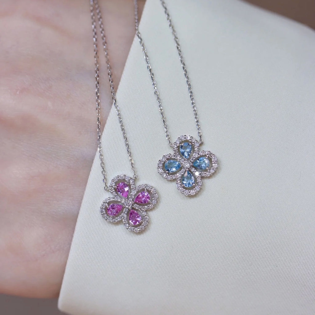 1.9 Carat Four-Leaf Clover Cultivated Pink Sapphire Full Diamond Necklace Aquamarine S925 Sterling Silver Pendant