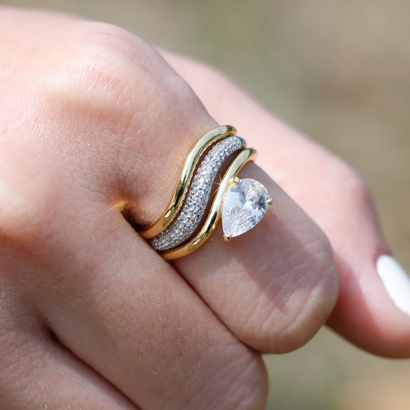 S925 Silver Combination Three-Piece Set Water Drop Shape Moissanite Ring Set Fashionable Stacking Ring Set Live Hot Sale Wholesale