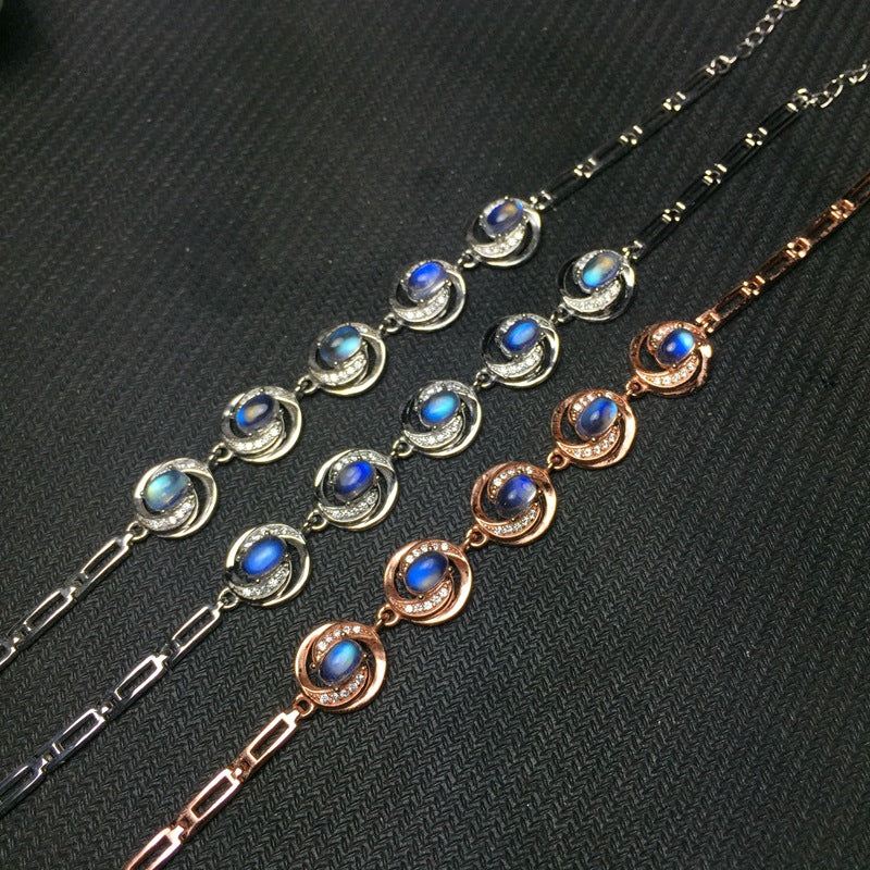 Natural Blue Moonstone Bracelet 925 Sterling Silver Inlaid Craft Glass Blue Moonstone