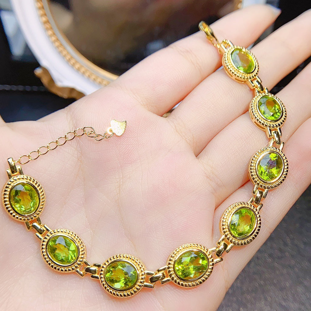 S925 Silver Inlaid Main Stone 6*8 Natural Peridot Bracelet