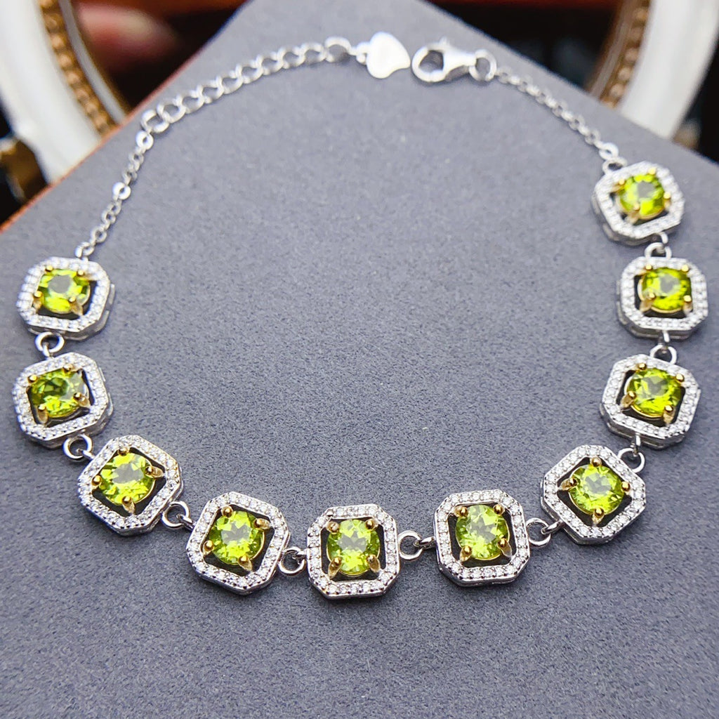 S925 Silver Inlaid Main Stone 5*5 Natural Peridot Bracelet