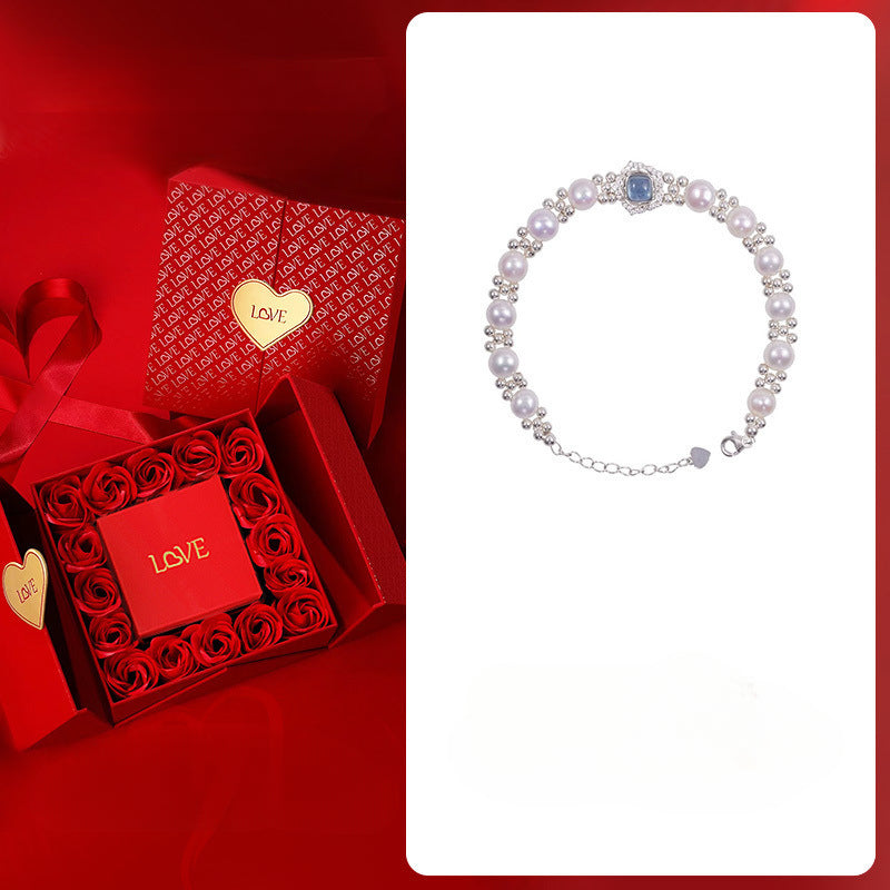 999 Sterling Silver Light Luxury Sea Blue Freshwater Pearl Bracelet