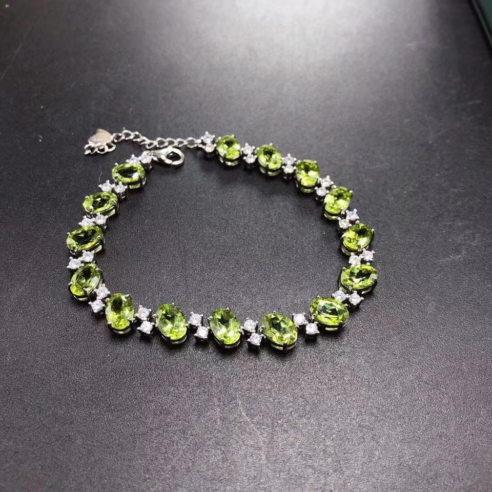 S925 Silver Inlaid Natural Peridot Oval 5*7 Size Bracelet
