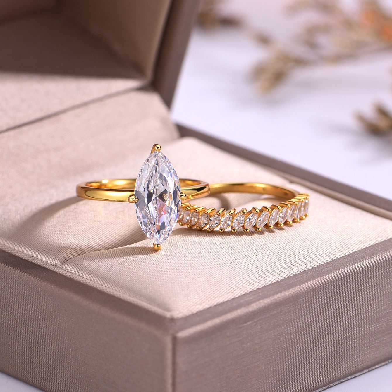 S925 Silver Combination Two-Piece Set Moissanite Ring Marquise Main Stone Stackable Independent Hot-Selling Set Ring