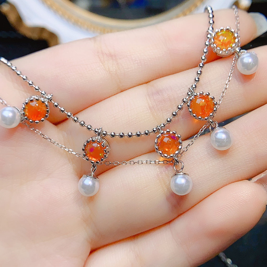 S925 Silver Inlaid Main Stone Natural Fire Opal 5*5 Necklace