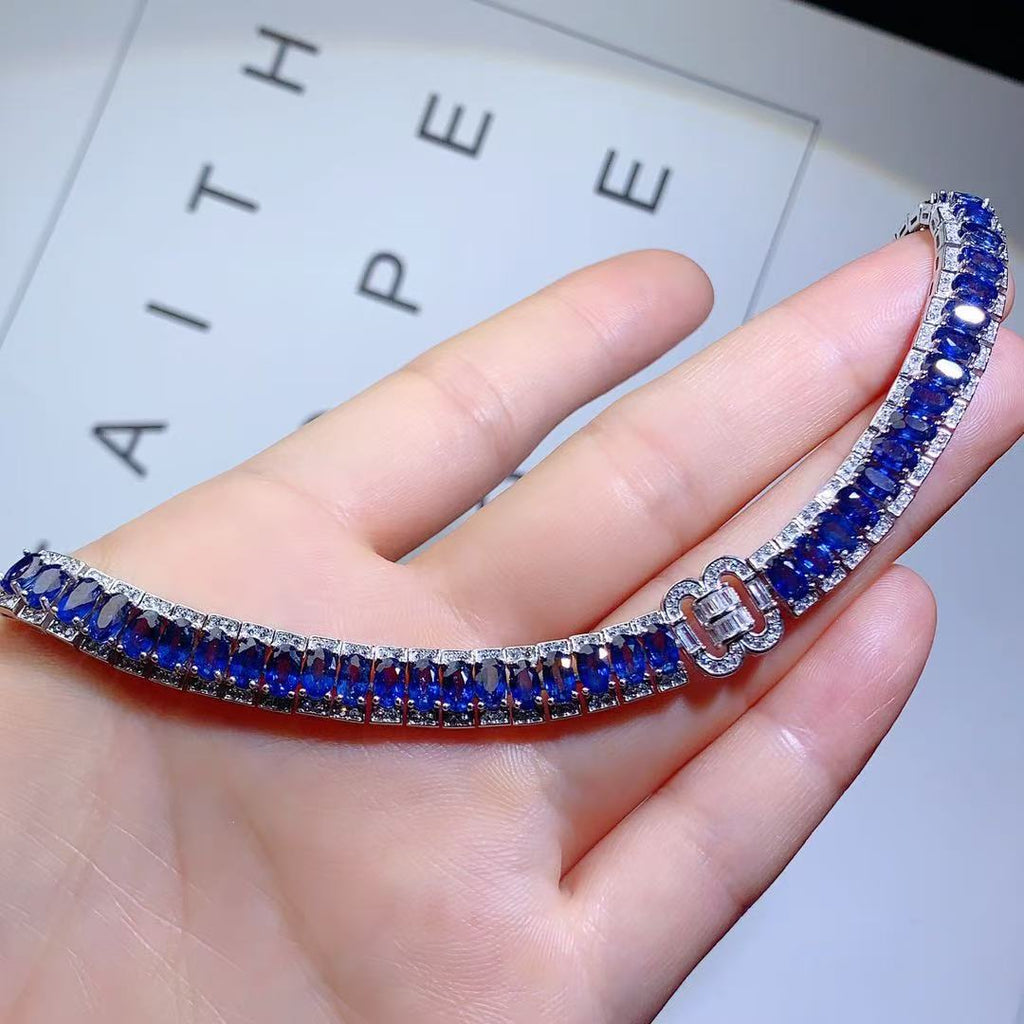 Sri Lanka Sapphire Inlaid S925 Light Luxury Heavy Craft Full Diamond High-end Exquisite Pure Silver Bracelet