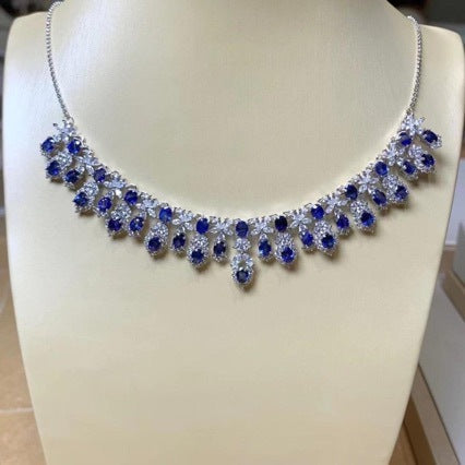 S925 Silver Inlaid One-piece Chain Main Stone 4x6mm Sapphire Elegant Necklace