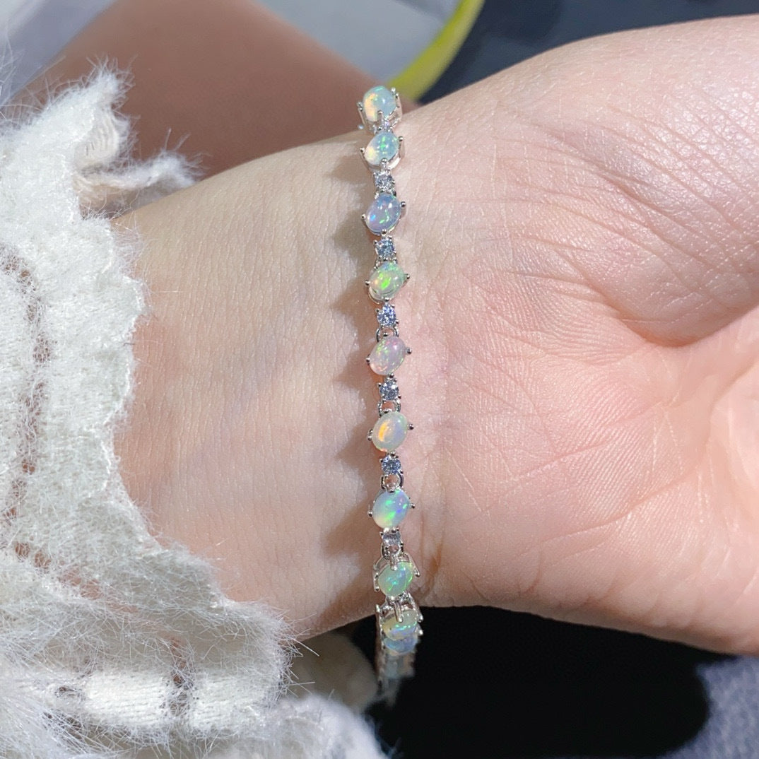 S925 Sterling Silver Natural Opal Bracelet for Women, Australian Opal 4x4mm, Vintage Classic Luxury Elegant Dinner Party Jewelry