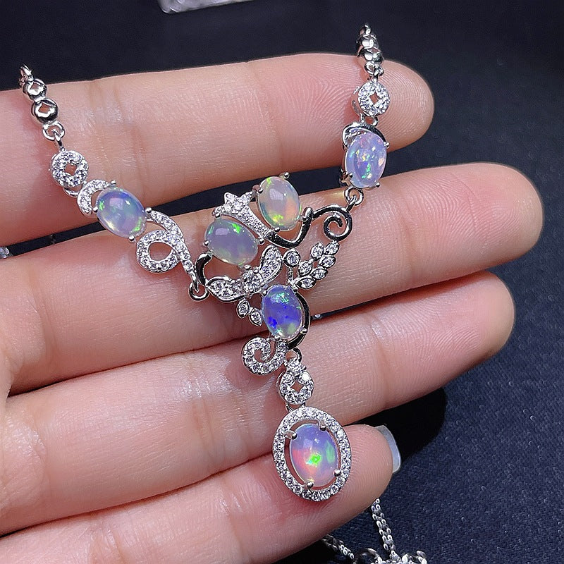 Australian Iridescent Opal Chain 925 Silver Inlaid with Dazzling Natural Fire Opal Collarbone Chain