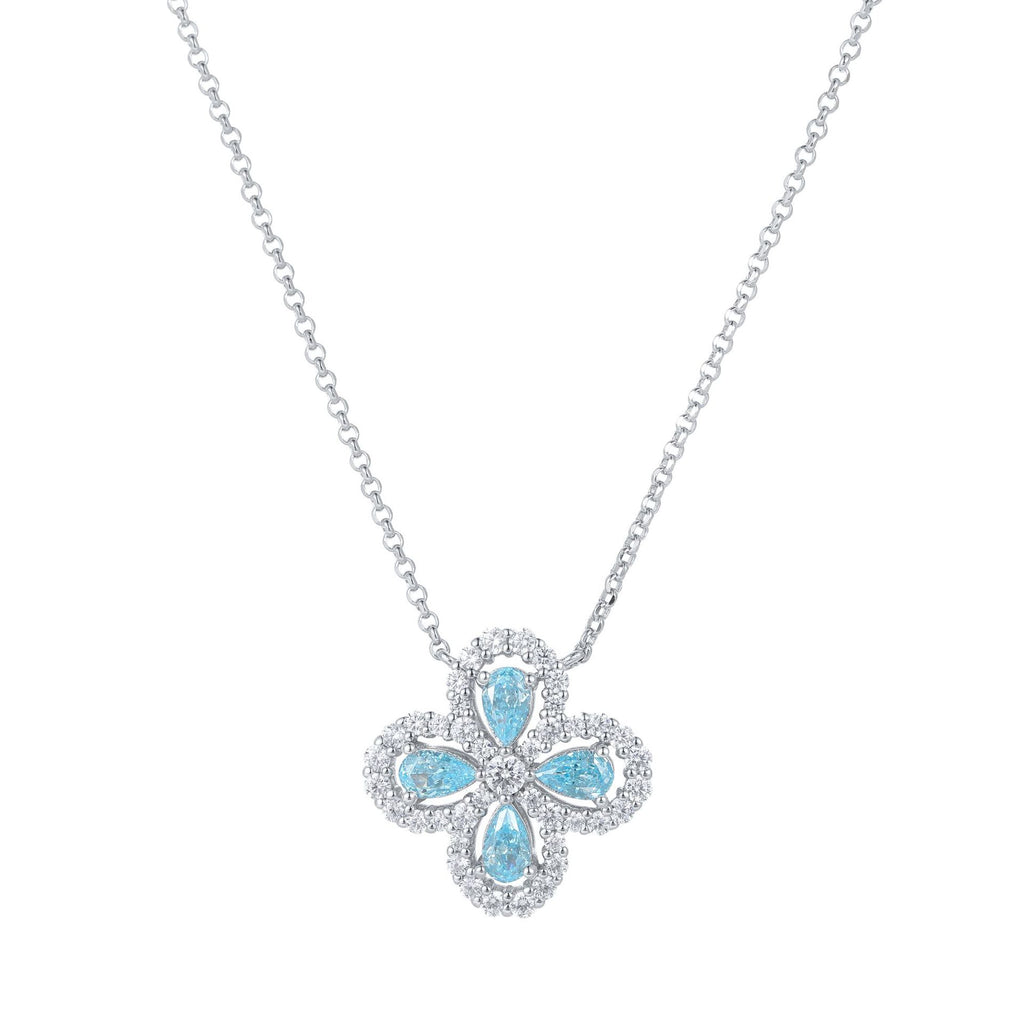 1.9 Carat Four-Leaf Clover Cultivated Pink Sapphire Full Diamond Necklace Aquamarine S925 Sterling Silver Pendant