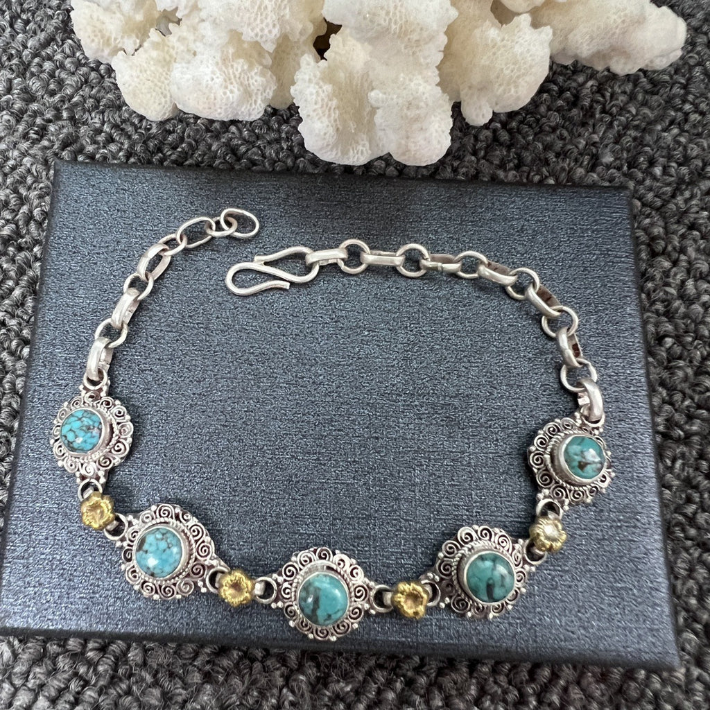 Nepal Handmade 925 Inlaid Yellow Crystal Ruby Amethyst Opal Stone Vintage Bracelet