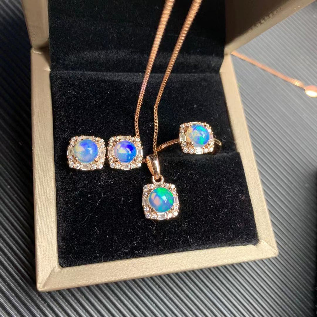 Natural Opal Set 925 Silver Inlaid Pendant Ring Jewelry for Women Gift for Girlfriend Live Supply