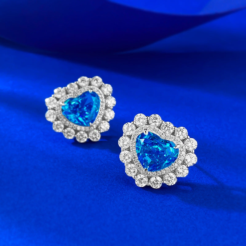 S925 Silver Full Inlaid Heart 9*11 Aquamarine High Carbon Diamond Ice Flower Heart-shaped Earrings