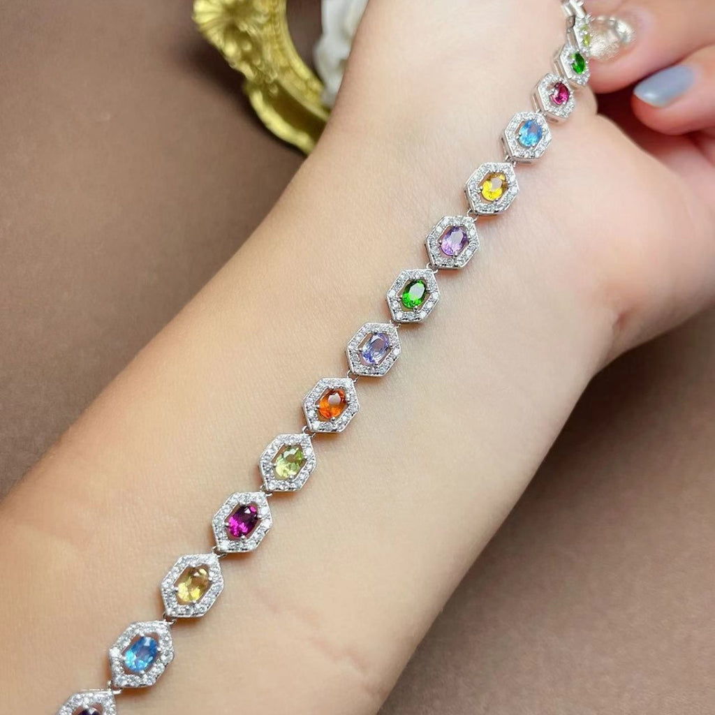 S925 Silver Inlaid Natural Crystal Topaz Garnet Women's Oval 3*4mm Bracelet