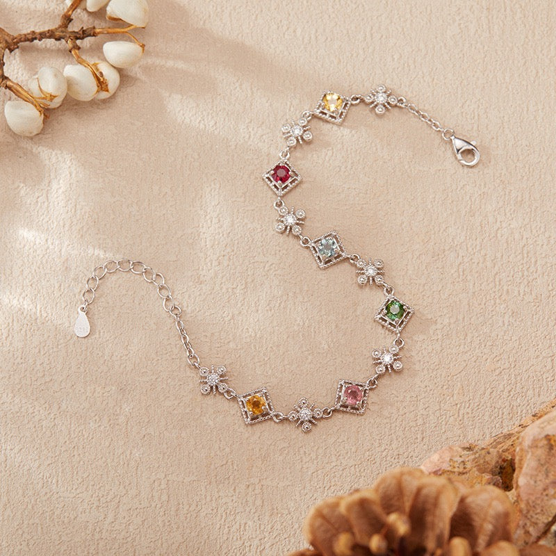 Natural Tourmaline S925 Sterling Silver Colorful Square Elegant Versatile Bracelet