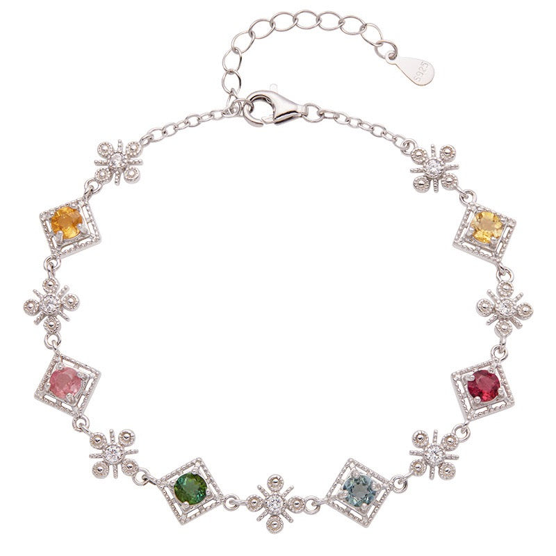 Natural Tourmaline S925 Sterling Silver Colorful Square Elegant Versatile Bracelet