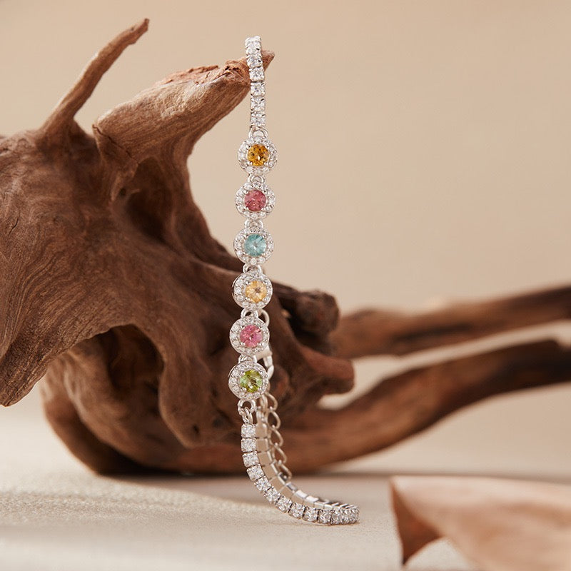 Natural Tourmaline S925 Sterling Silver Colorful Round Rock Candy Elegant Versatile Tennis Bracelet