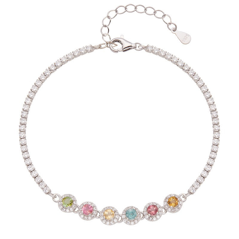 Natural Tourmaline S925 Sterling Silver Colorful Round Rock Candy Elegant Versatile Tennis Bracelet