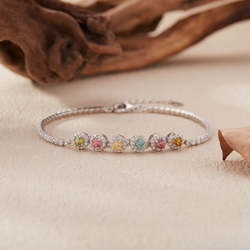 Natural Tourmaline S925 Sterling Silver Colorful Round Rock Candy Elegant Versatile Tennis Bracelet