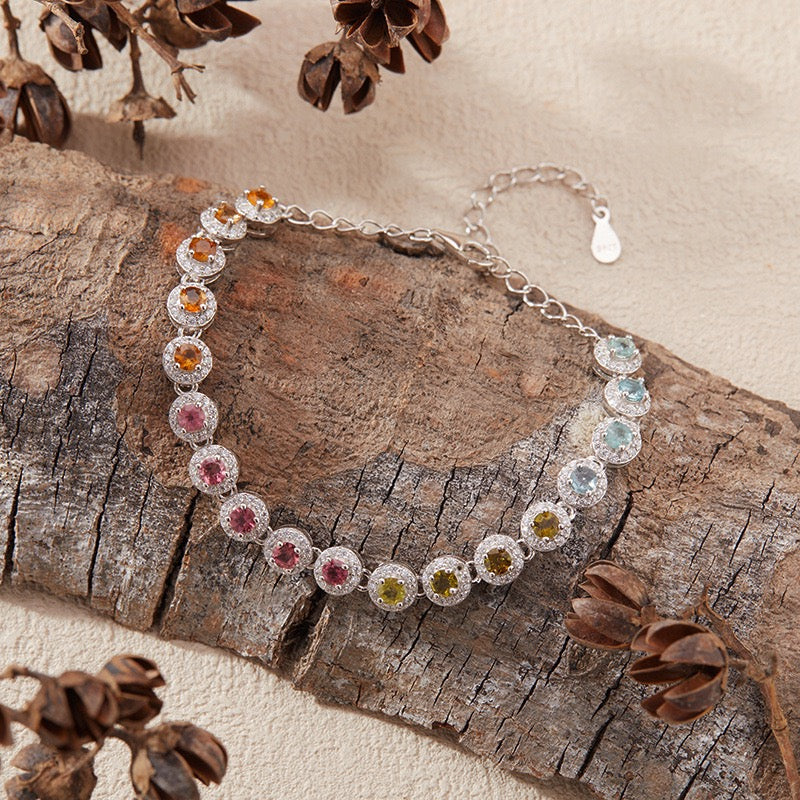 Natural Tourmaline S925 Sterling Silver Colorful Rainbow Round Rock Candy Versatile Bracelet