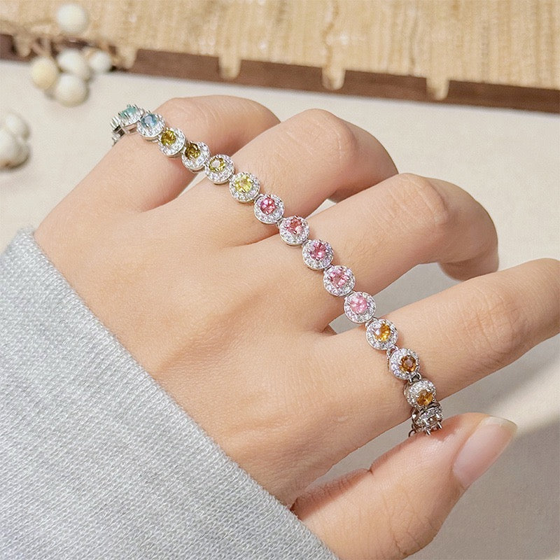 Natural Tourmaline S925 Sterling Silver Colorful Rainbow Round Rock Candy Versatile Bracelet
