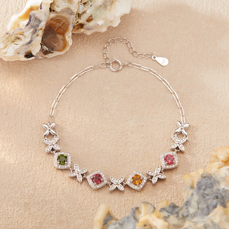 Natural Tourmaline S925 Sterling Silver Colorful Square - Blossom Gem Chain Versatile Bracelet
