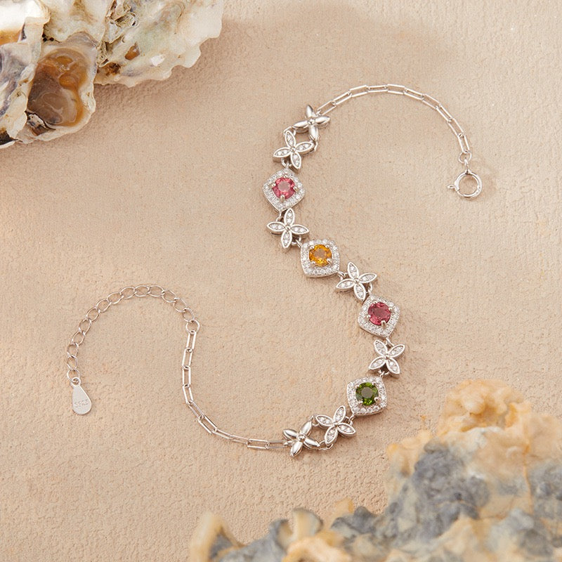 Natural Tourmaline S925 Sterling Silver Colorful Square - Blossom Gem Chain Versatile Bracelet