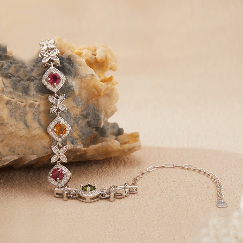 Natural Tourmaline S925 Sterling Silver Colorful Square - Blossom Gem Chain Versatile Bracelet
