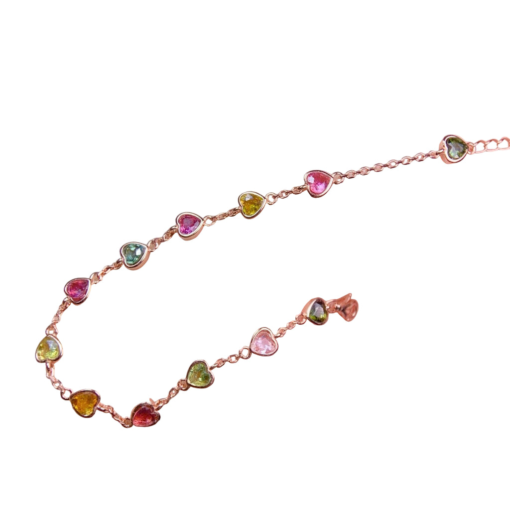 Natural Tourmaline S925 Sterling SilverRose Gold Heart - Shaped Colorful Watermelon Tourmaline Elegant and Exquisite Thin Chain