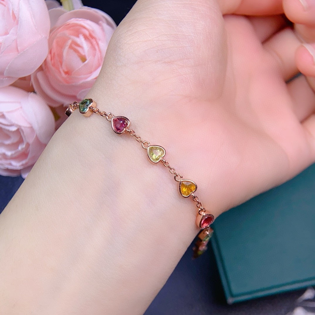 Natural Tourmaline S925 Sterling SilverRose Gold Heart - Shaped Colorful Watermelon Tourmaline Elegant and Exquisite Thin Chain