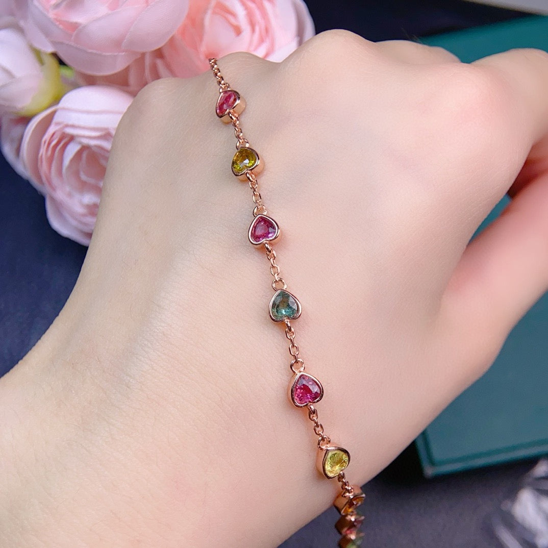 Natural Tourmaline S925 Sterling SilverRose Gold Heart - Shaped Colorful Watermelon Tourmaline Elegant and Exquisite Thin Chain
