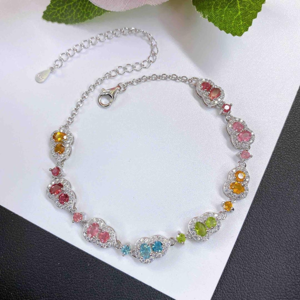 Natural Tourmaline S925 Sterling Silver Lucky Gourd - shaped Colorful Dopamine Tourmaline Bracelet
