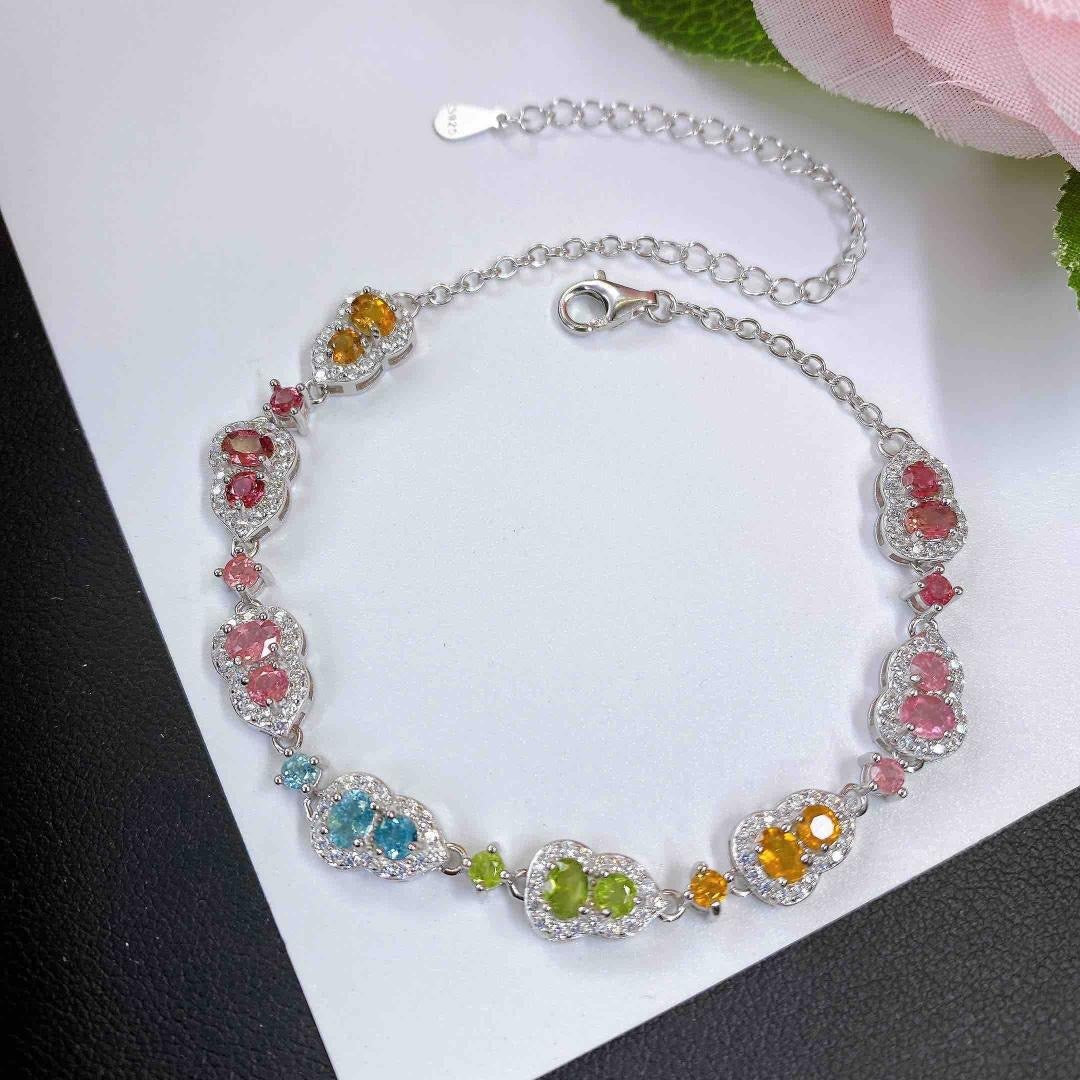 Natural Tourmaline S925 Sterling Silver Lucky Gourd - shaped Colorful Dopamine Tourmaline Bracelet