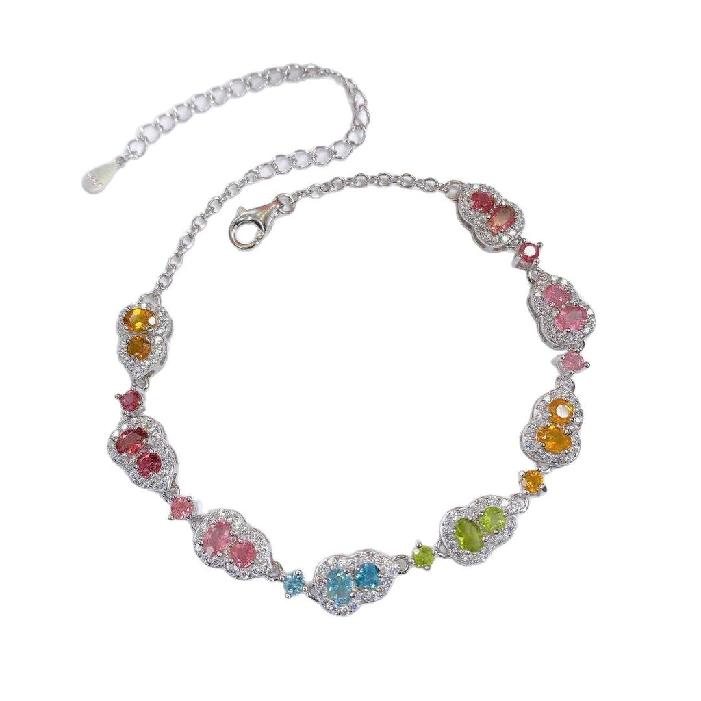 Natural Tourmaline S925 Sterling Silver Lucky Gourd - shaped Colorful Dopamine Tourmaline Bracelet